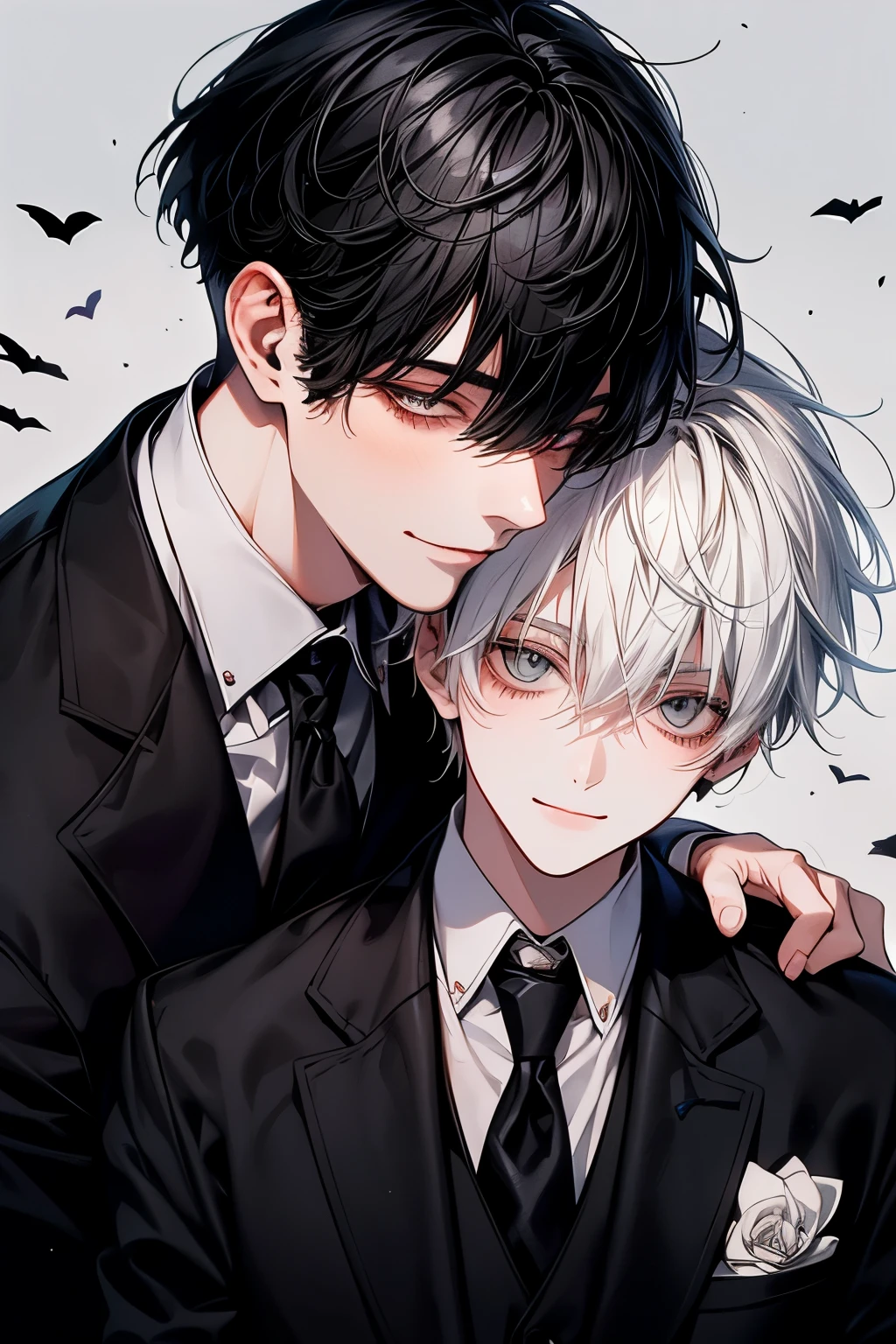 (debris flies), (highest quality), very detailed, ((two men)), perfect face, beautiful face, very detailed顔,(Black Haired Man:1.3),(white haired man:1.3),suit,shirt,smile,flower