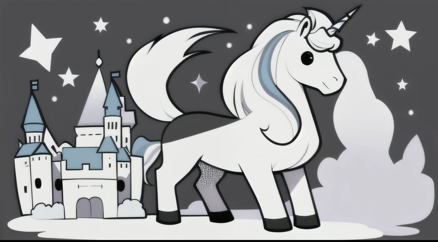 arte linear, monochrome colors, cute unicorn, sorrindo, fofa, flores, castle setting, preto e branco