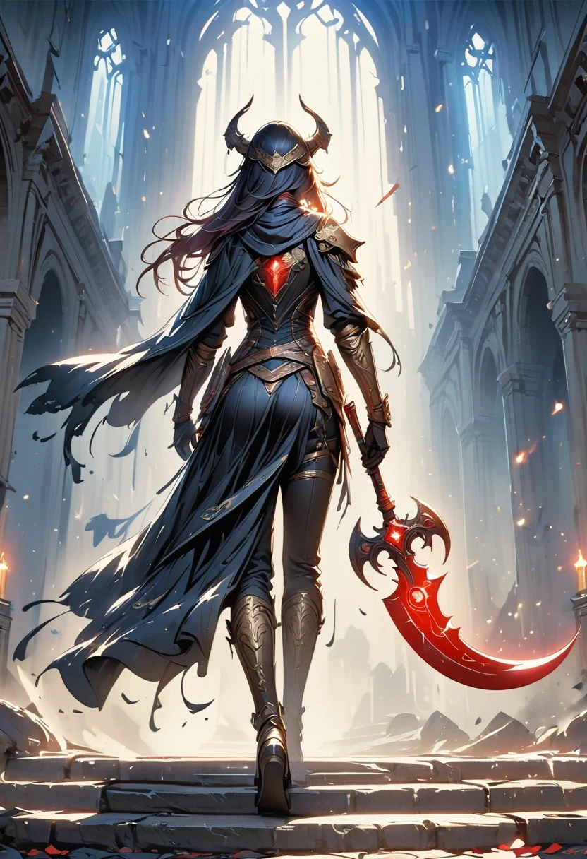 Holy church background，The messenger of hell descended the stairs，Arad woman in black dress，Gray cloak covers face，Bronze spiked armor，Majestic and mysterious，with a feeling，Holding a crimson sickle on the stairs，dark fantasy style art, Abaddon and Magallet Villeneuve, The blade reflects a strong red light，Backside light source，rim light，3 rendering，Unreal Engine，Render by Octane，8K resolution，masterpiece。Ultra-high detail，Award-winning