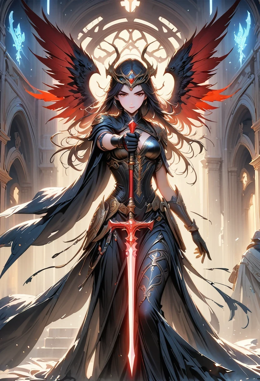 Holy church background,The messenger of hell descended the stairs,Arad woman in black dress,Gray cloak covers face,Bronze spiked armor,Majestic and mysterious,with a feeling,Holding a crimson sickle on the stairs,dark fantasy style art, Abaddon and Magallet Villeneuve, The blade reflects a strong red light,Backside light source,rim light,3 rendering,Unreal Engine,Render by Octane,8K resolution,masterpiece。Ultra-high detail,Award-winning