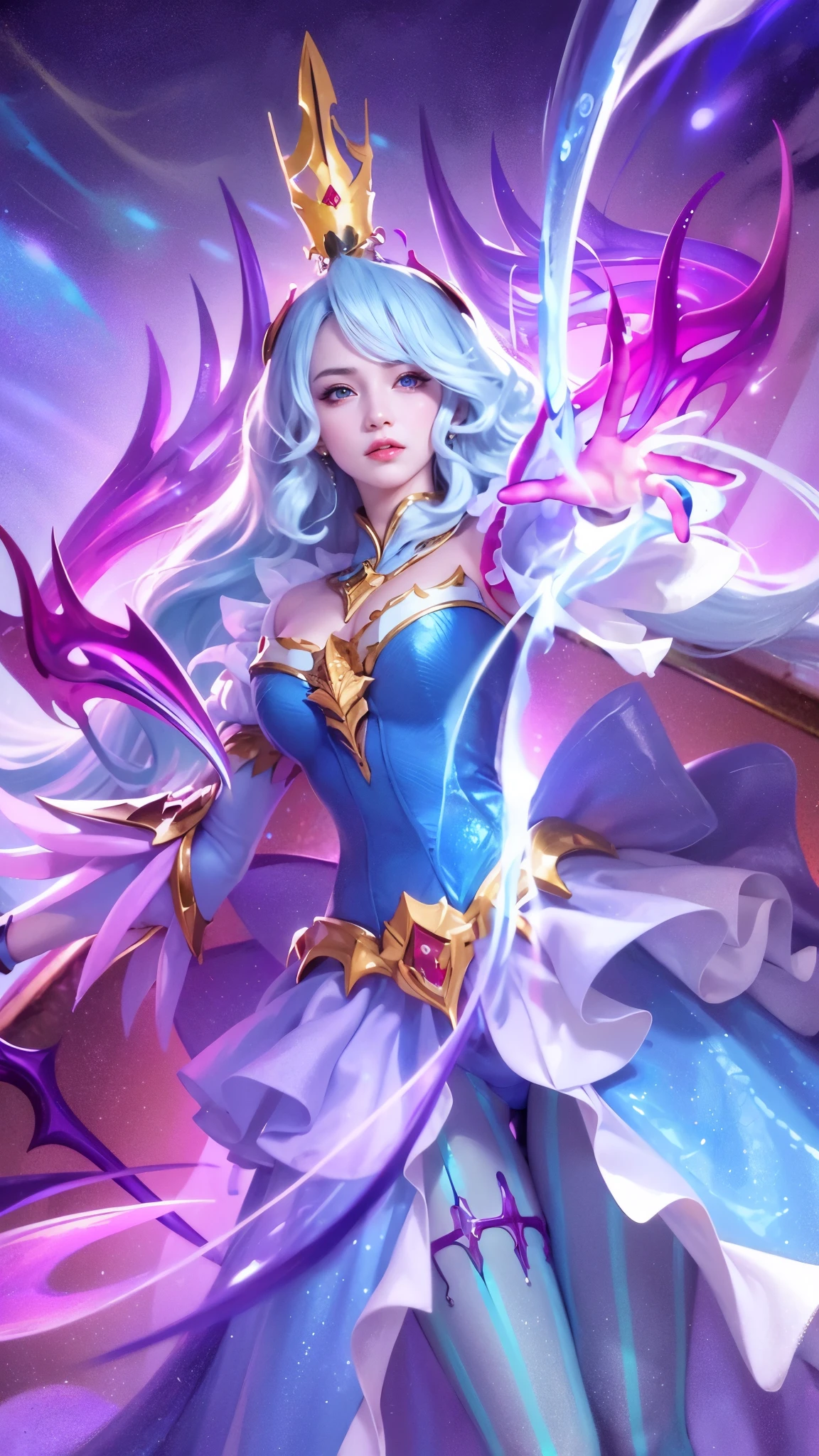 (8k, RAW photo, photorealistic:1.25) , red lipgloss, glosace, glossy skin, depth of field, chromatic aberration, caustics, Broad lighting, natural shading, a girl in a blue dress with a crown and a sword, beautiful celestial mage, mobile wallpaper, mystical atlantean valkyrie, ultra hd, ultra detailed texture, hyper realistic, detailed texture, detailed face, detailed skin, detailed lighting, best quality, beautiful lighting, cinematic lighting, professional lighting, ultra highres, realistic, detailed hair, real hair, white hair, high quality, (realskin:1.5), extremely detailed, finely detail, ultra-detailed, detail eyes, cinematic background, red eye
