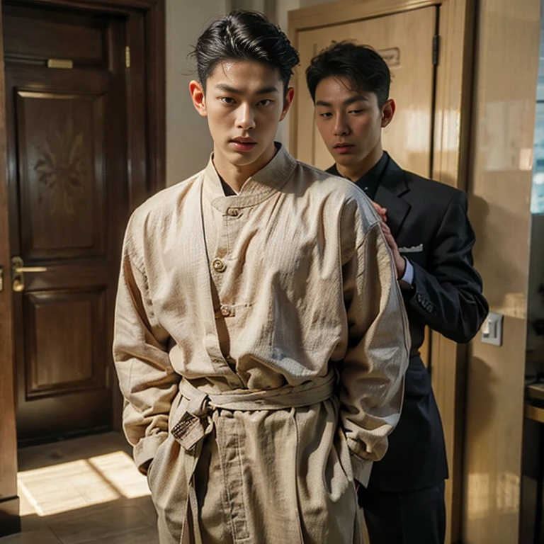 2 handsome Asian guys,27岁policeman,arafed male police 官 in walking down a hallway, , wearing a police , police , full outfit: police, , majestic,Who is Shi Yu?, Li Yuanbin, Kim Hyung Tae, Kim Hyung Tae, Yin Shishan, Handsome Asian muscular guy,Broad shoulders and narrow waist,2 handsome guys in police uniform,Form-fitting fabric contours the bust,in a remote warehouse,hands tied behind back,Hands tied behind the back,hands tied behind back,Masculine and sexy,High,Muscles look good,hairy body,Wheat complexion,black eyes(thin eyes 1:3),whole body image , 2 handsome boys shooting porn magazine cover