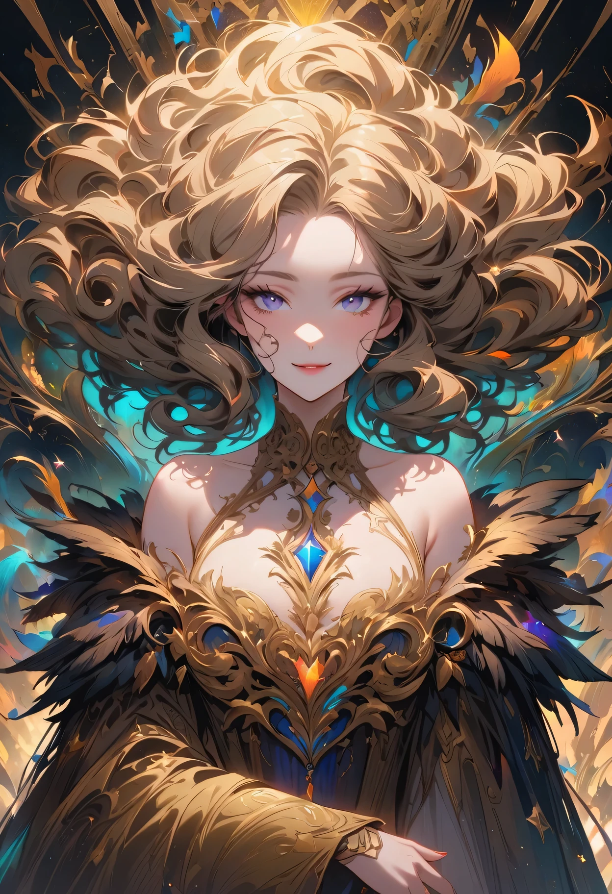 Create a woman with unique characteristics, An artistic representation of the essence of the constellation inspired by Leo and the cosmic stars, With striking facial features and a mysterious aura, Leaves visible golden traces and golden glow, Blond hair and a confident smile complemented by a curly, thick mane,Demonstrates the proud nature of the Leo zodiac sign