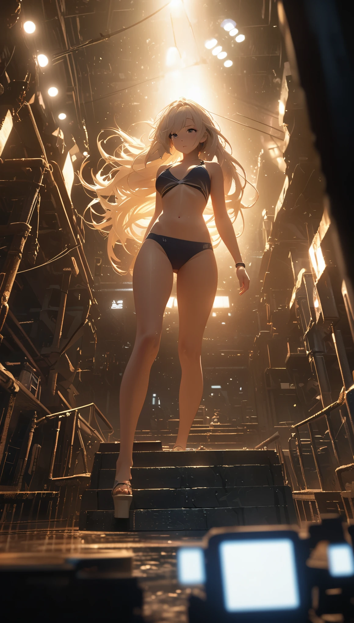 swimsuit girl,long hair,pure white background,depth of field,low angle view,calf level view,Overclocked renderer,movie lighting,Ultra-fine,super detailed,complicated,cinematic perspective,CG art,
