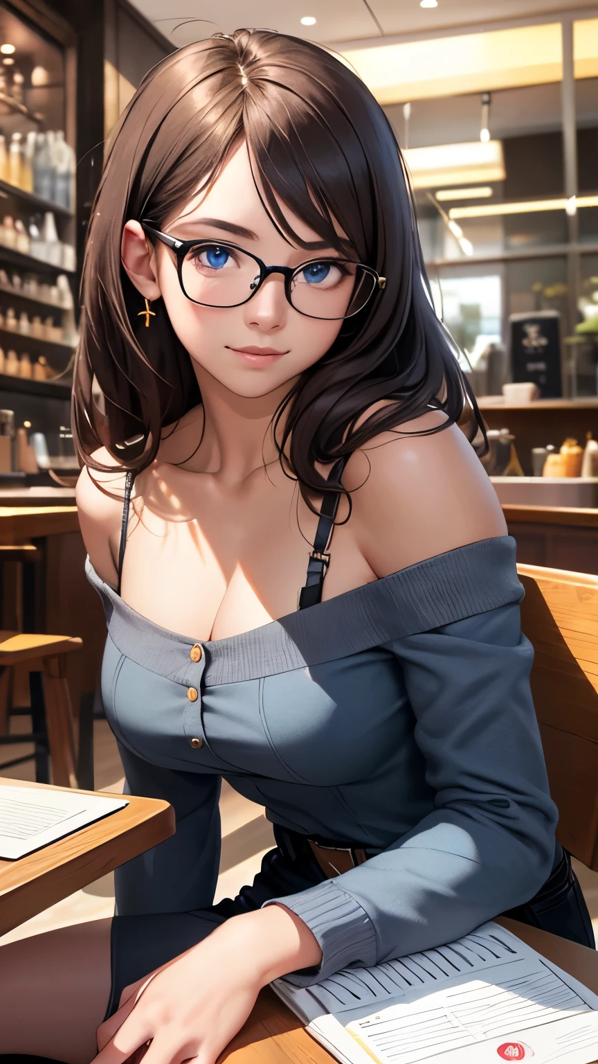 (8K, highest quality, masterpiece:1,2), (realistic, Photoreal:1.37), Super detailed, one girl,), (very detailed), (detailed and beautiful eyes), (highest qualityの), (Super detailed ), (masterpiece), (detailed face),20-year-old, ,1 girl, Cowboy black hair,very long hair, beautiful breasts, Highly skimpy 1.3, perfect lighting, focus on pussy and breasts, looking at the viewer, excited face, naughty face, Coffee in hand, stylish cafe, sitting at the table, stylish casual wear, notebook and smartphone on the table,Glasses 1.5、off shoulder、cowboy shot