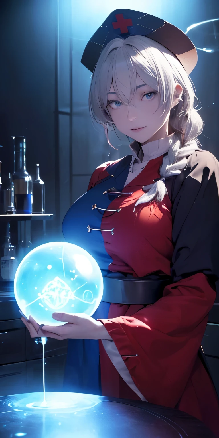 (masterpiece, best quality:1.3), (face focus:1.3), Yagokoro Eirin, Touhou Series, perfect face, expressive eyes, 1woman, looking at viewer, 38 years old, gorgeous body, big breast, beautiful, anime, lora,1woman, silver hair, braid hair, nurse cap, red and blue clothes, long skirt, , (corrupt, brainwashed, hypnotized, mind controlled:1.5), (evil look:2.0), (empty eyes, simple eyes, glowing black pupils:2.0), (cinematic lighting, realistic, dream-like, enchanting atmosphere:1.3), (photo of a woman in her dark and mysterious environment:1.3), (the woman surrounded by an aura of mystery and intrigue:1.3), (a dark and mysterious laboratory decorated with many flasks, each filled with colorful liquids:2.0), (a crystal ball nearby, adding to the mystical setting:1.3), (a hint of incense in the air, adding to the sensory experience:1.3),