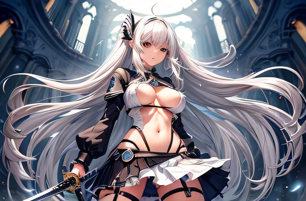 beautiful face,anime,cool beauty,1 girl,silver hair,ruins,medium long hair,bottomless,C cup,20th generation,no pubic hair,Length 162cm,sharp outline,Bust 82cm,semen flowing from the vagina,skirt lift,show off pussy,YoRHa unit clothing,Slash with a sword