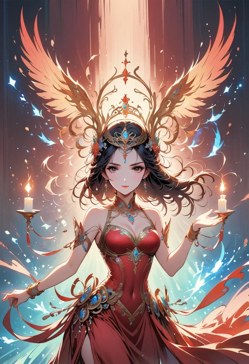 Candle, red background, digital art style, simple line illustration of the flame dancing with light and shadow, dancing ballerina silhouette, red background, cartoon, solid color background, texture, candlelight, warm atmosphere, mysterious feeling. The is graceful in her dance posture. She dances gracefully under the soft glow of fire in the style of firelight.