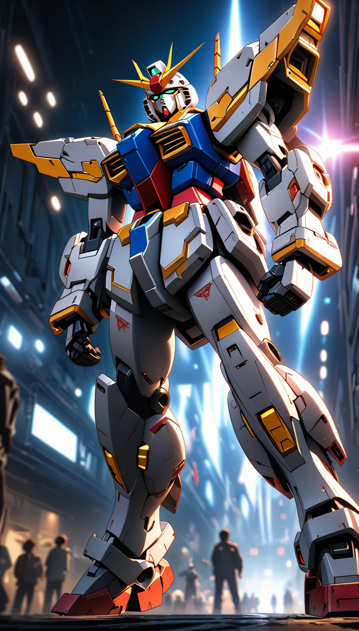 Gundam,full body portrait,low angle view,Hojo Tsukasa manga style,rich and colorful,depth of field,Overclocked renderer,movie lighting,Ultra-fine,super detailed,complicated,cinematic perspective,CG art,