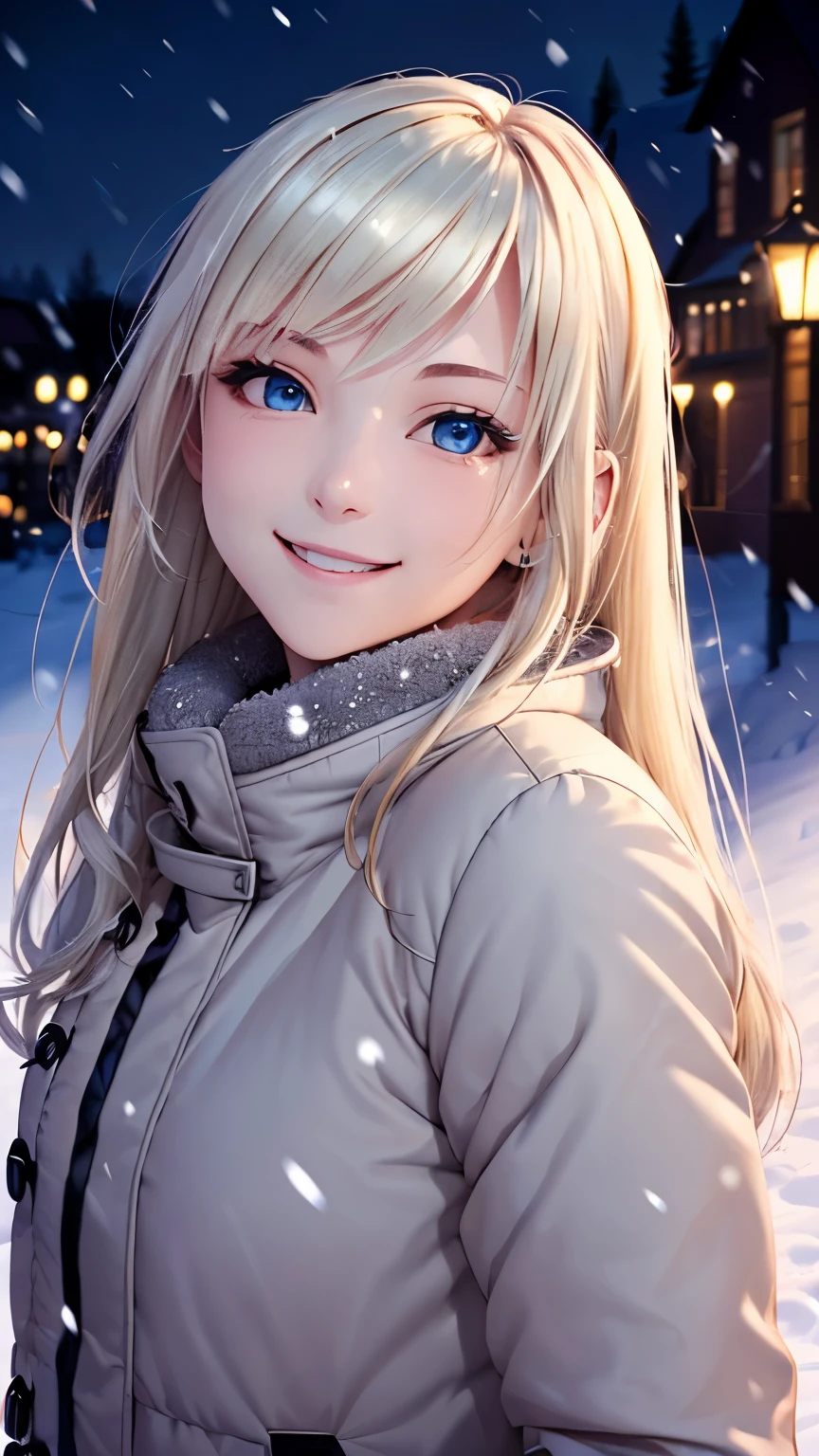 (masterpiece), (highest quality), 1 girl, (perfect face:1.2), (beautiful face:1.2), platinum blonde hair, super long hair、( Upper body:1.3), Happy, light smile, looking at the viewer, Pause,
winter coat, outdoor, winter, snow, at night, Complex, Depth of the bounds written, cinematic lighting,Full body shot