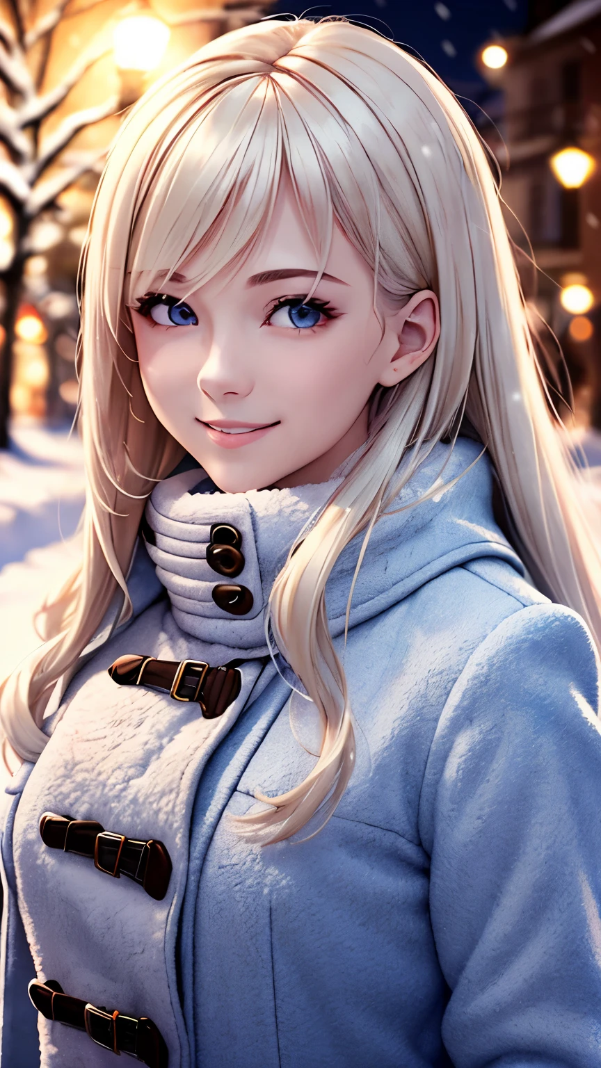 (masterpiece), (highest quality), 1 girl, (perfect face:1.2), (beautiful face:1.2), platinum blonde hair, super long hair、( Upper body:1.3), Happy, light smile, looking at the viewer, Pause, 
winter coat, outdoor, winter, snow, at night, Complex, Depth of the bounds written, cinematic lighting,Full body shot