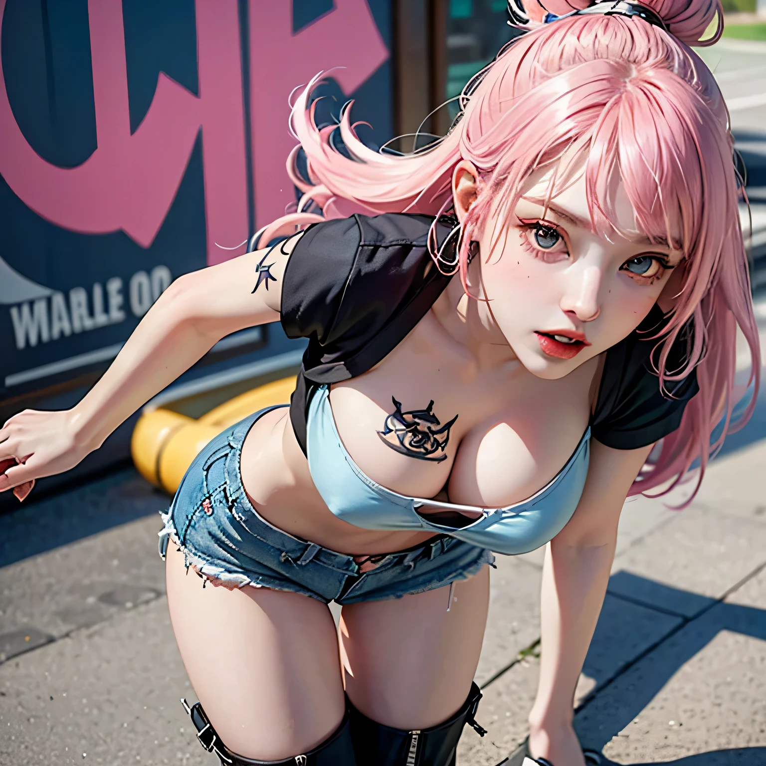 perfect style, beautiful face, Highly detailed face and skin texture, (maximum resolution: 1.2), 1 female, alone, hip up, jewelry, tattoo, streetwear, T-shirt, pink hair, shorts, sports boots, (((thin waist))), (big breasts)