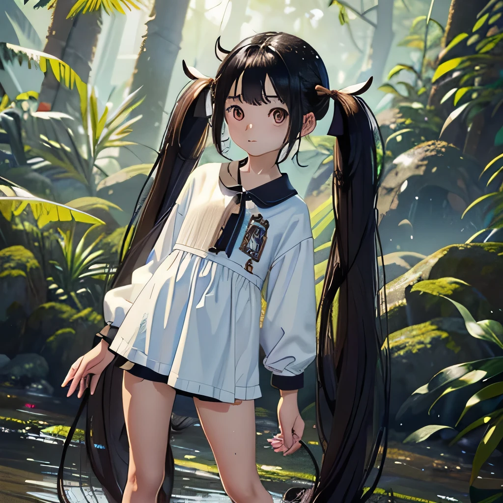 (((masterpiece))),(((highest quality))),(((very detailed))),Mysterious, Bright colors, shiny , (very long hair that reaches down to the calves:1.5), (twin tails:1.5), (beautiful little brown black hair:1.5), (definition hair:1.3), (detailed eyes:1.3), A slightly embarrassed look, blush, (The whole body is wet with sticky water), ((short stature)), (small body), (thin udder), (little butt), wet hair clinging to body, whiter skin color than Asians