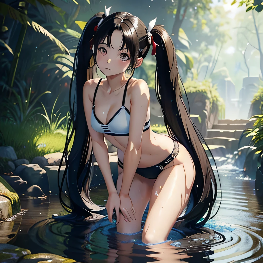 (((masterpiece))),(((highest quality))),(((very detailed))),Mysterious, Bright colors, shiny , (very long hair that reaches down to the calves:1.5), (twin tails:1.5), (beautiful little brown black hair:1.5), (definition hair:1.3), (detailed eyes:1.3), A slightly embarrassed look, blush, (The whole body is wet with sticky water), ((short stature)), (small body), (thin udder), (little butt), wet hair clinging to body, whiter skin color than Asians