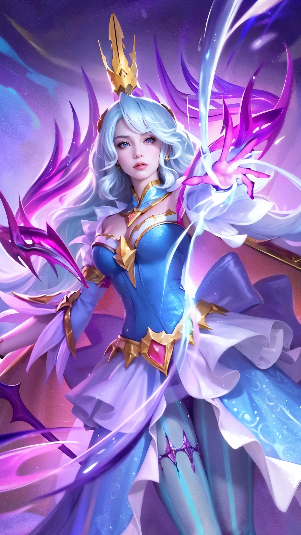 (8k, RAW photo, photorealistic:1.25) , red lipgloss, glosace, glossy skin, depth of field, chromatic aberration, caustics, Broad lighting, natural shading, a woman in a blue dress with a crown and a sword, beautiful celestial mage, mobile wallpaper, mystical atlantean valkyrie, ultra hd, ultra detailed texture, hyper realistic, detailed texture, detailed face, detailed skin, detailed lighting, best quality, beautiful lighting, cinematic lighting, professional lighting, ultra highres, realistic, detailed hair, real hair, white hair, high quality, (realskin:1.5), extremely detailed, finely detail, ultra-detailed, detail eyes, cinematic background, red eyes