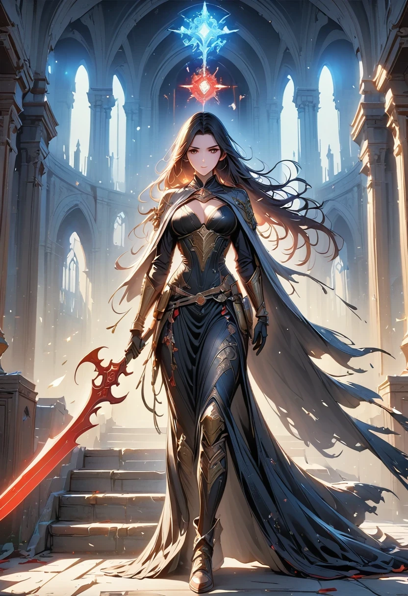 Holy church background，The messenger of hell descended the stairs，Arad woman in black dress，Gray cloak covers face，Bronze spiked armor，Majestic and mysterious，with a feeling，Holding a crimson sickle on the stairs，dark fantasy style art, Abaddon and Magallet Villeneuve, The blade reflects a strong red light，Backside light source，rim light，3 rendering，Unreal Engine，Render by Octane，8K resolution，masterpiece。Ultra-high detail，Award-winning