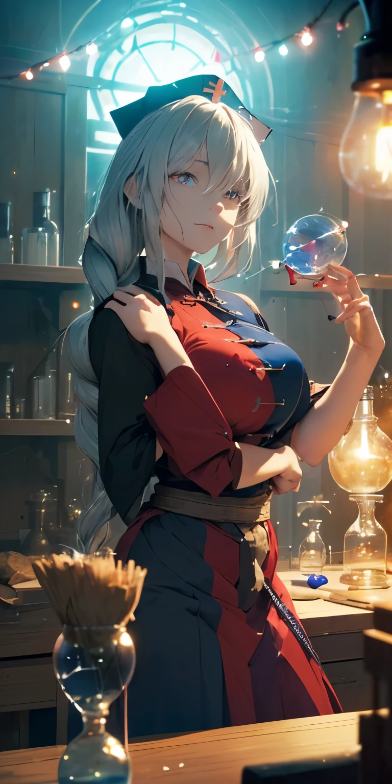 (masterpiece, best quality:1.3), (face focus:1.3), Yagokoro Eirin, Touhou Series, perfect face, expressive eyes, 1woman, looking at viewer, 38 years old, gorgeous body, big breast, beautiful, anime, lora,1woman, silver hair, braid hair, nurse cap, red and blue clothes, long skirt, , (corrupt, brainwashed, hypnotized, mind controlled:1.5), (evil look:2.0), (empty eyes, simple eyes, glowing black pupils:2.0), (cinematic lighting, realistic, dream-like, enchanting atmosphere:1.3), (photo of a woman in her dark and mysterious environment:1.3), (the woman surrounded by an aura of mystery and intrigue:1.3), (a dark and mysterious laboratory decorated with many flasks, each filled with colorful liquids:2.0), (a crystal ball nearby, adding to the mystical setting:1.3), (a hint of incense in the air, adding to the sensory experience:1.3),