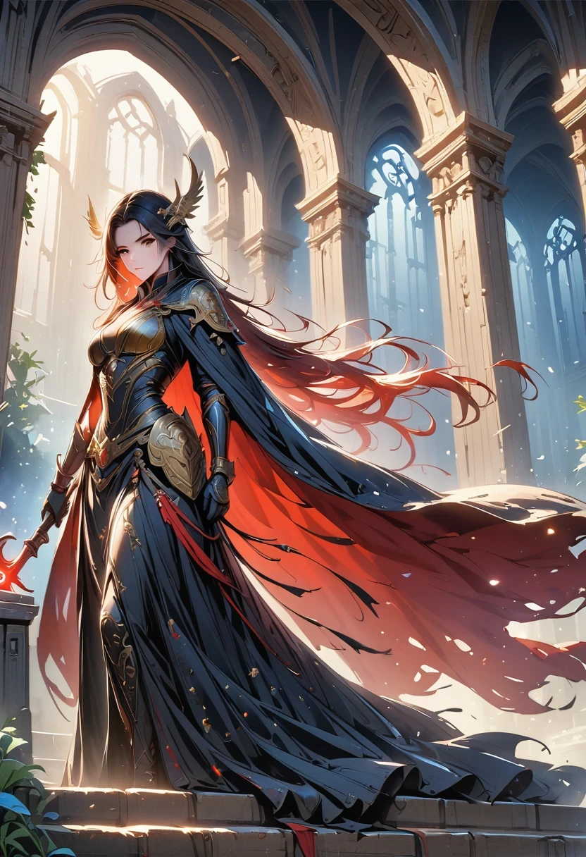 Holy church background,The messenger of hell descended the stairs,Arad woman in black dress,Gray cloak covers face,Bronze spiked armor,Majestic and mysterious,with a feeling,Holding a crimson sickle on the stairs,dark fantasy style art, Abaddon and Magallet Villeneuve, The blade reflects a strong red light,Backside light source,rim light,3 rendering,Unreal Engine,Render by Octane,8K resolution,masterpiece。Ultra-high detail,Award-winning