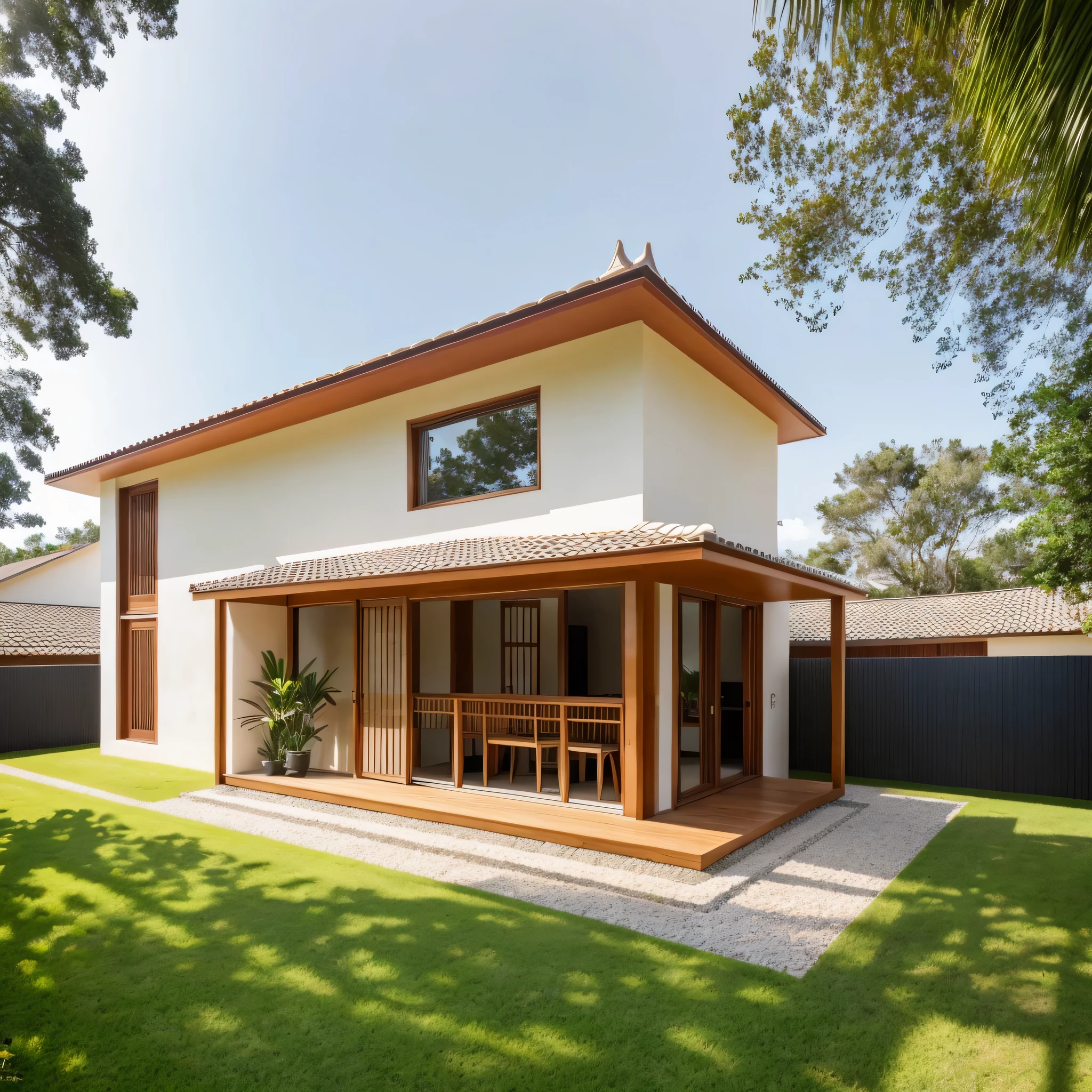 1 indochina style house ,beautyful light, beautyfulday, sunny, many lovely flowering plants, lovely youthful feeling :1.2, sunlight at 12 noon, Very beautiful shadows, a feeling of peace:1.3