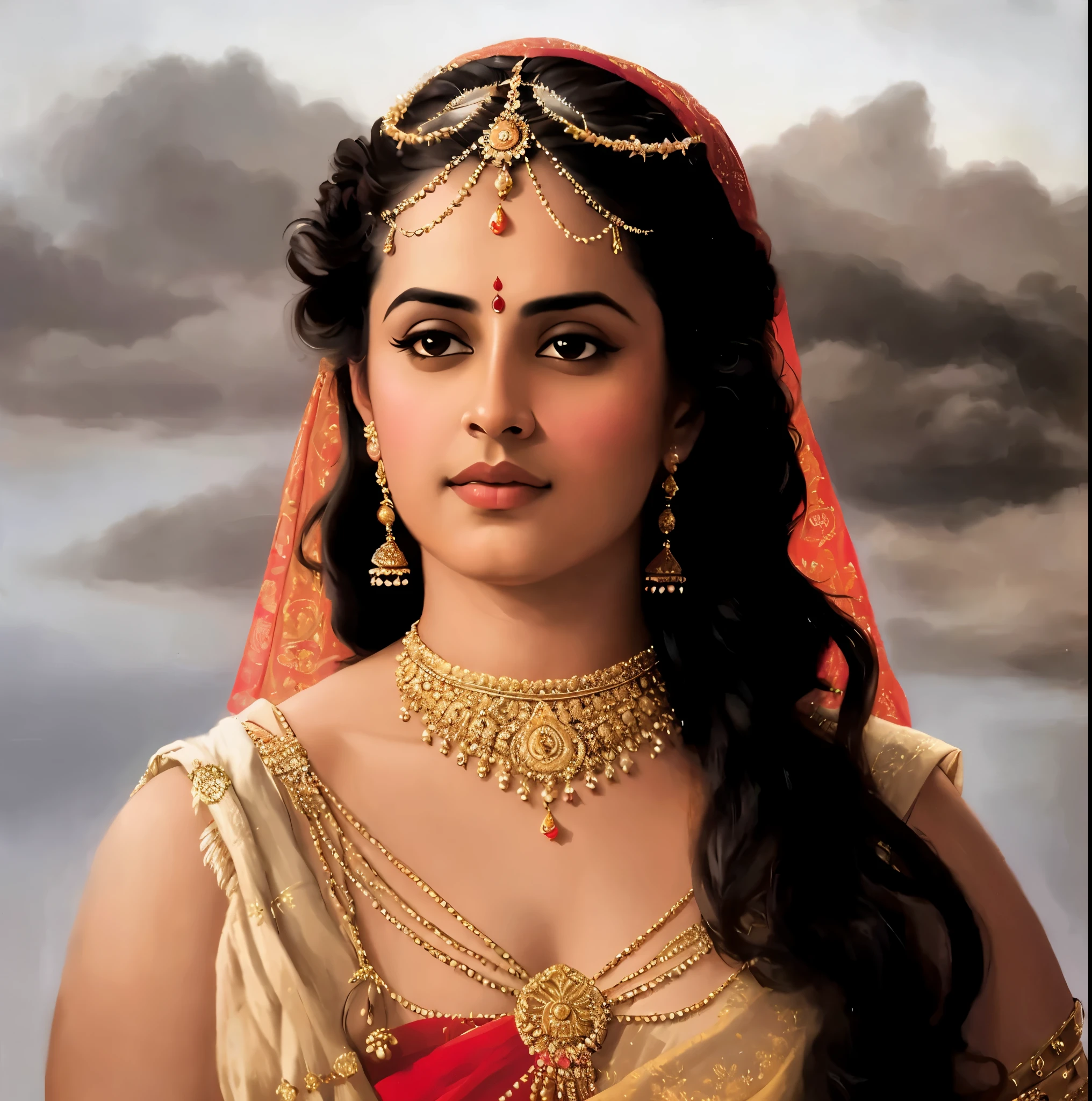 Reclining Nair Lady by artist Raja Ravi Varma, Realistic, 8K, ultra-detailed, intricate,Unreal Engine, midjourney art style impressionism, abstract, (oil painting , dry brushstrokes), negative space, vibrant colours, extremely beautiful lady, gorgeous, perfect thick healthy figure,