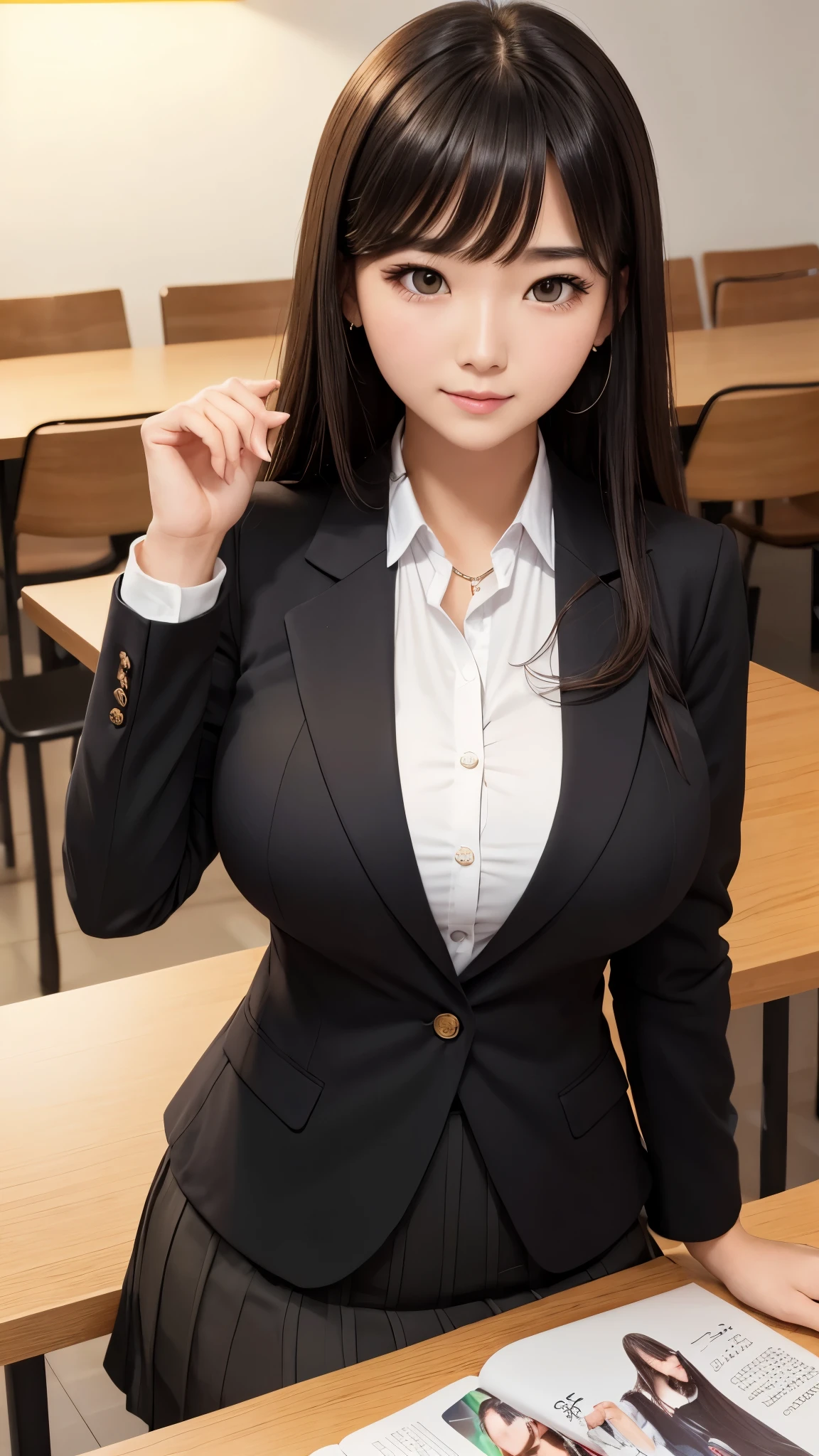 ((high quality)), ((table top)), (detailed face), (highlight), woman、big breasts、dull bangs、black hair、skirt、blazer
