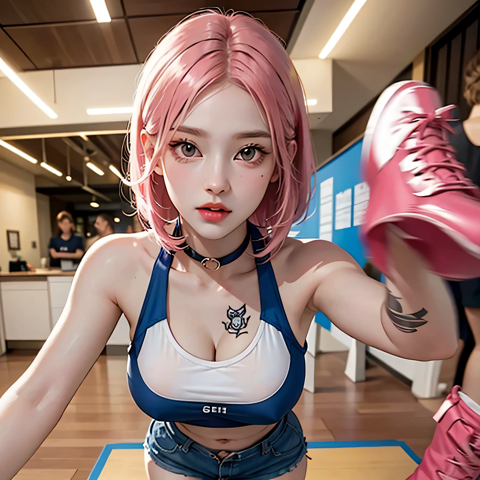 perfect style, beautiful face, Highly detailed face and skin texture, (maximum resolution: 1.2), 1 female, alone, hip up, jewelry, tattoo, streetwear, T-shirt, pink hair, shorts, sports boots, (((thin waist))), (big breasts)