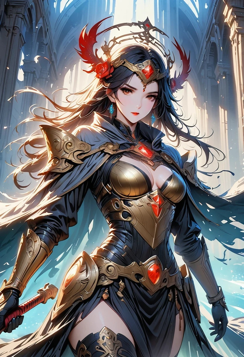 Holy church background,The messenger of hell descended the stairs,Arad woman in black dress,Gray cloak covers face,Bronze spiked armor,Majestic and mysterious,with a feeling,Holding a crimson sickle on the stairs,dark fantasy style art, Abaddon and Magallet Villeneuve, The blade reflects a strong red light,Backside light source,rim light,3 rendering,Unreal Engine,Render by Octane,8K resolution,masterpiece。Ultra-high detail,Award-winning