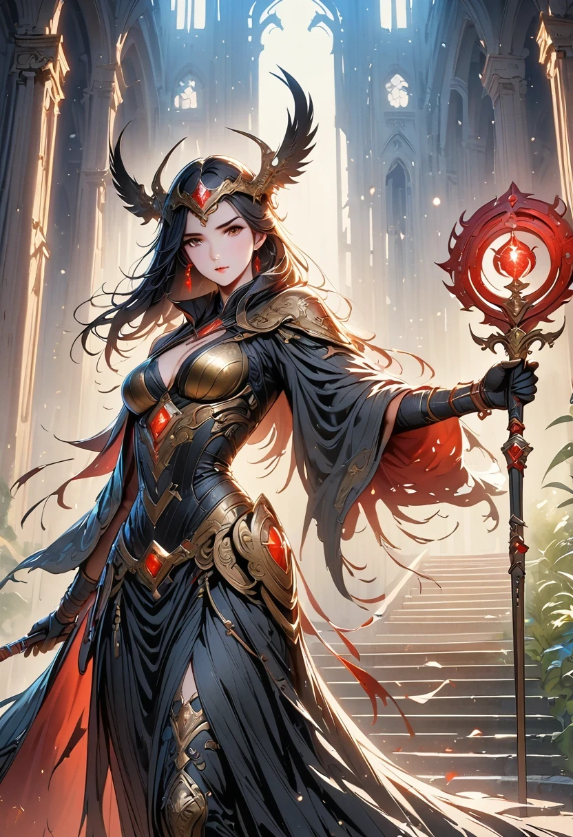 Holy church background,The messenger of hell descended the stairs,Arad woman in black dress,Gray cloak covers face,Bronze spiked armor,Majestic and mysterious,with a feeling,Holding a crimson sickle on the stairs,dark fantasy style art, Abaddon and Magallet Villeneuve, The blade reflects a strong red light,Backside light source,rim light,3 rendering,Unreal Engine,Render by Octane,8K resolution,masterpiece。Ultra-high detail,Award-winning