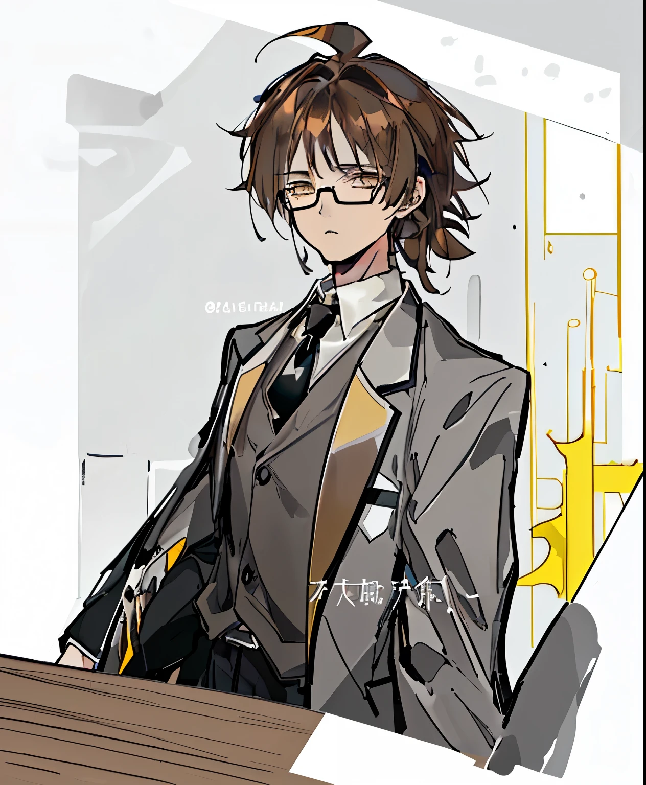 very tired look, small pupils, really small pupils, expressive eyes, tired expression, eye_eye look, young man, young boy, (brown hair, light brown hair, wood hair, wood like hair, yellow brown hair, yellowish brown hair, wood like hair, reddish highlight), glasses, employee, victorian era, , just pupils, eye_eye, basic eyes, black pupils, tired, eye bags, dying inside, mature, young man, (gray coat, grayish coat, grey coat, black suit, bluck undersuit, dark grey vest, black vest, gray tie, grey tie)
