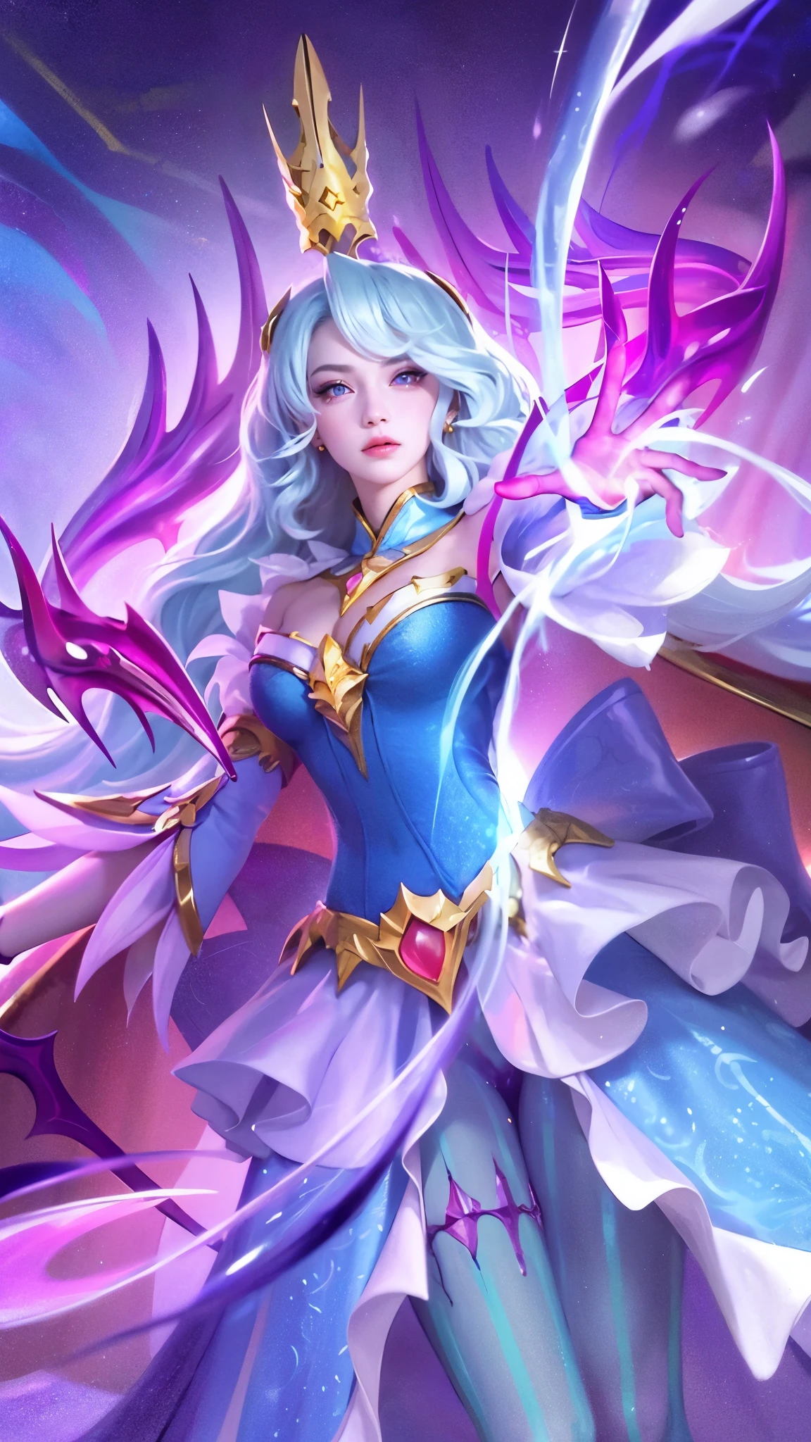 (8k, RAW photo, photorealistic:1.25) , red lipgloss, glosace, glossy skin, depth of field, chromatic aberration, caustics, Broad lighting, natural shading, a girl in a blue dress with a crown and a sword, beautiful celestial mage, mobile wallpaper, mystical atlantean valkyrie, ultra hd, ultra detailed texture, hyper realistic, detailed texture, detailed face, detailed skin, detailed lighting, best quality, beautiful lighting, cinematic lighting, professional lighting, ultra highres, realistic, detailed hair, real hair, white hair, high quality, (realskin:1.5), extremely detailed, finely detail, ultra-detailed, detail eyes, cinematic background, red eye