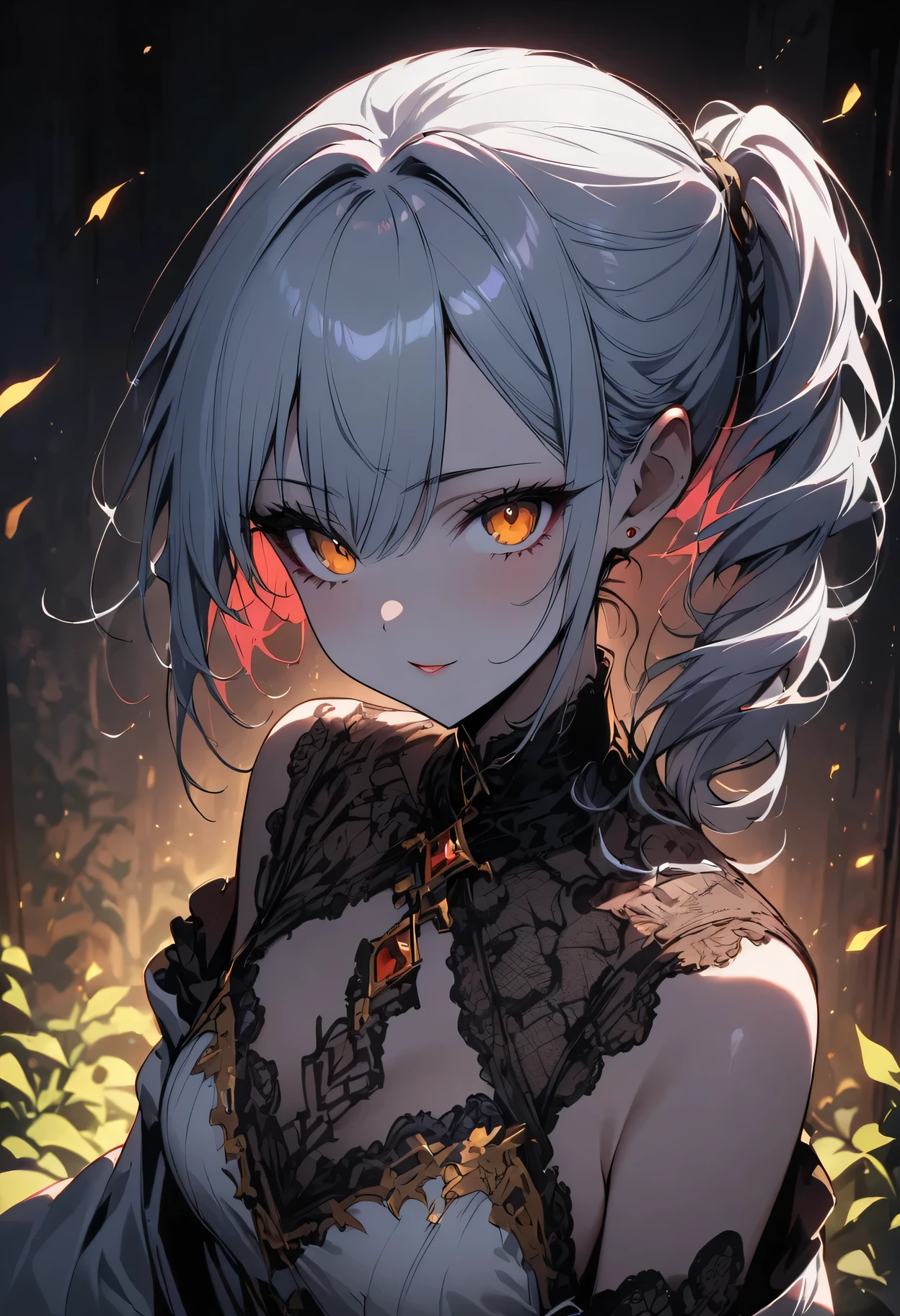 best quality, masterpiece,white hair, golden eyes,White clothes, look up, Upper body,Hair,White skin,side braid