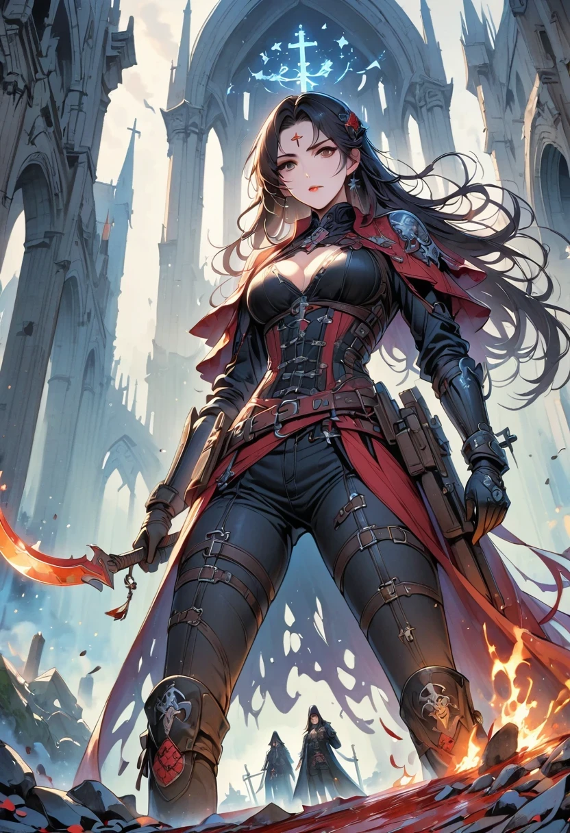 (Messenger from hell:1.4),(Rose field:1.3),cross,one个巨大的Blood-sucking ghost,View of sickle from below,hell,magma,flame,(purple flame:1.3),There is fresh Blood on the ground,Blood pool,dripping Blood,Gothic aesthetics,one、Rose、castle、cross、Blood、Cemetery,gothic style的神秘、solemn and profound,gothic style,gothic style蕾丝的衣服、Rose symbolizes romance、grave、Blood-sucking ghost、witch、ruins、gothic cathedral,Gothic Symbol Series,Rose Garden