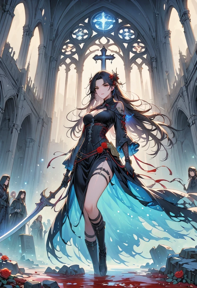 (Messenger from hell:1.4),(Rose field:1.3),cross,one个巨大的Blood-sucking ghost,View of sickle from below,hell,magma,flame,(purple flame:1.3),There is fresh Blood on the ground,Blood pool,dripping Blood,Gothic aesthetics,one、Rose、castle、cross、Blood、Cemetery,gothic style的神秘、solemn and profound,gothic style,gothic style蕾丝的衣服、Rose symbolizes romance、grave、Blood-sucking ghost、witch、ruins、gothic cathedral,Gothic Symbol Series,Rose Garden