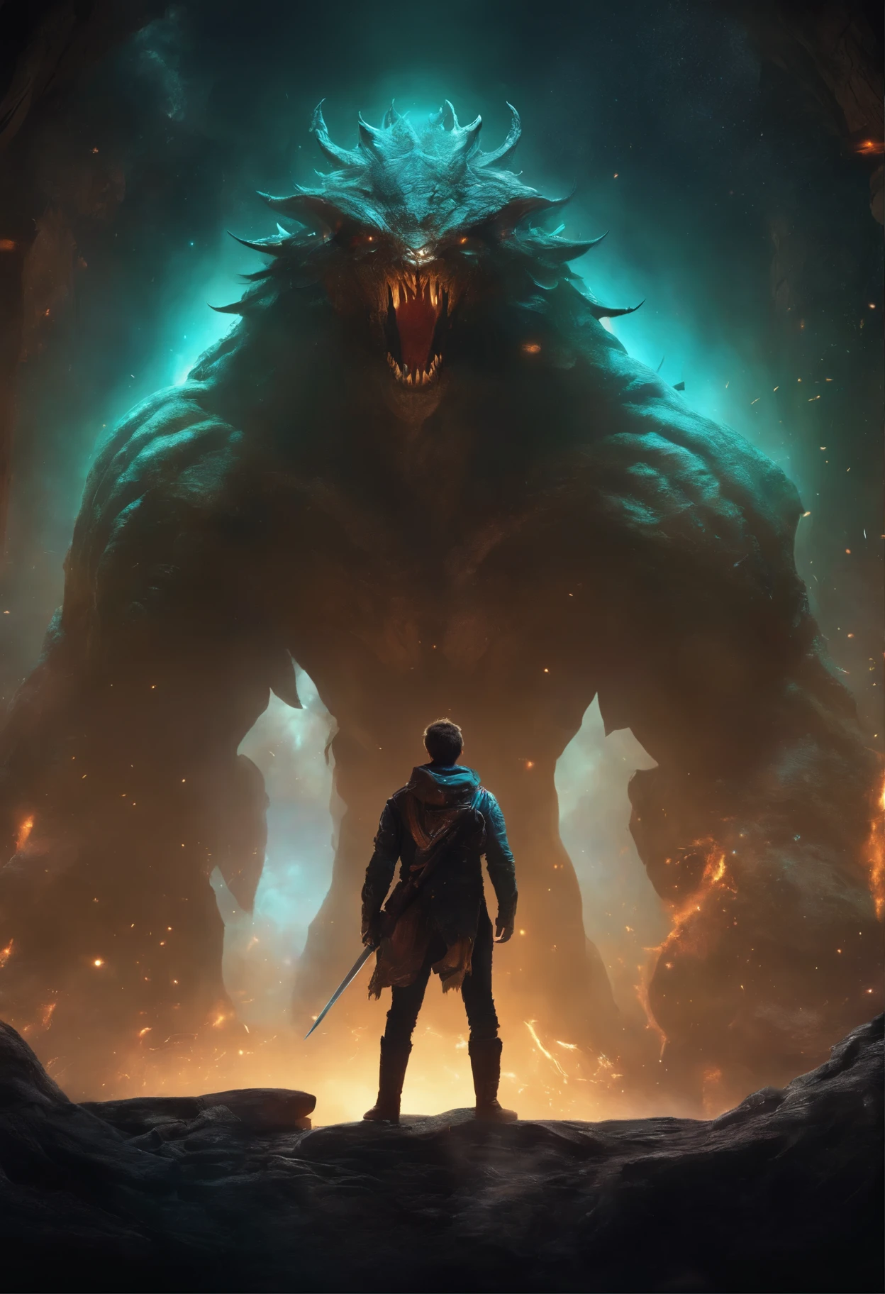 Cosmic Fallen teen guy, hero with sword, fighting Ultra giant Monster, Post apocalyptic word, destroyed word, glowing light eyes, Biomechanical, eerie, Creepy, nightmarish, Very bright colors, Light particles, with light glowing, Mshiff, wallpaper art, UHD wallpaper