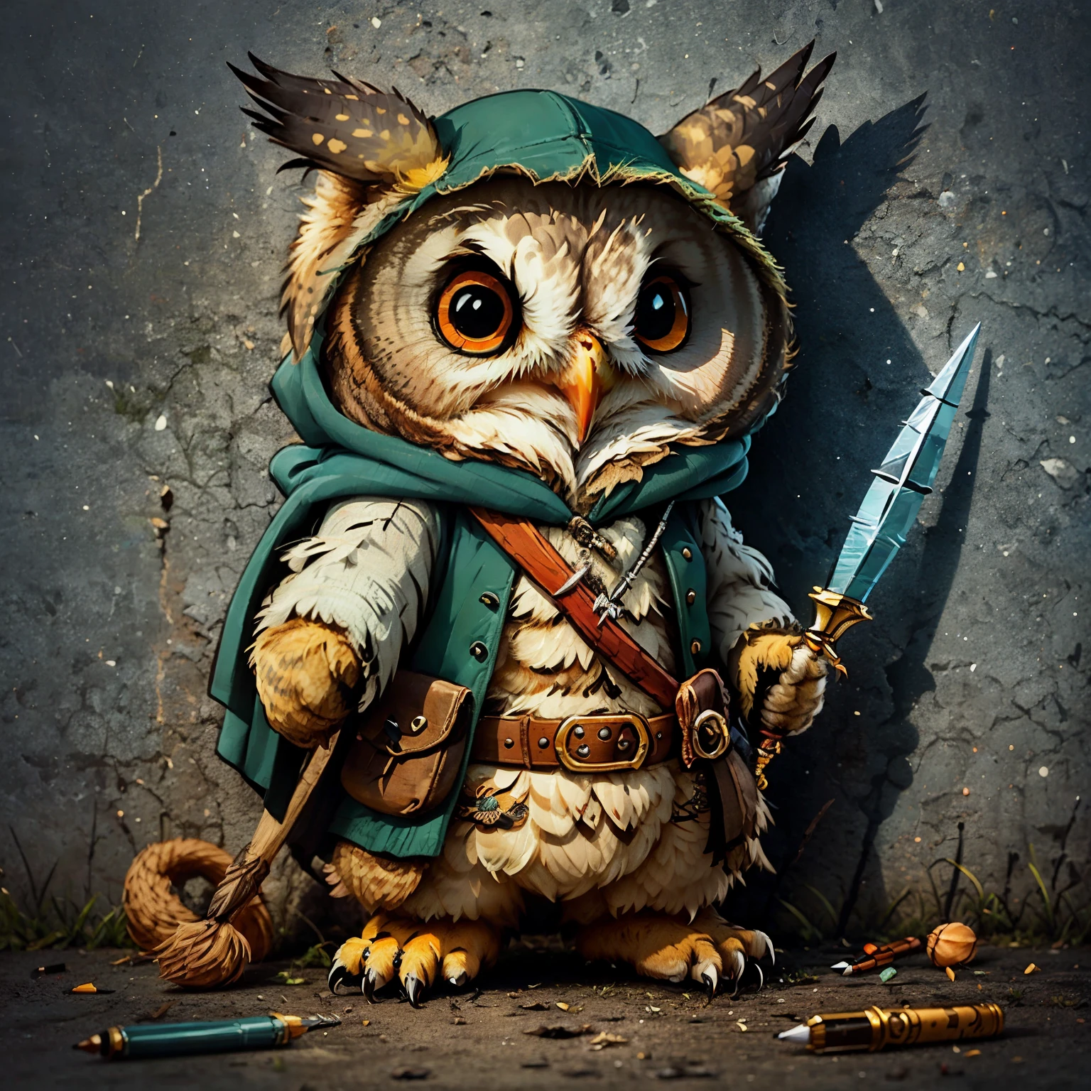 cute cartoon sticker of an owl dressed as an fantasy rogue with pencil-shaped daggers hiding in the shadows