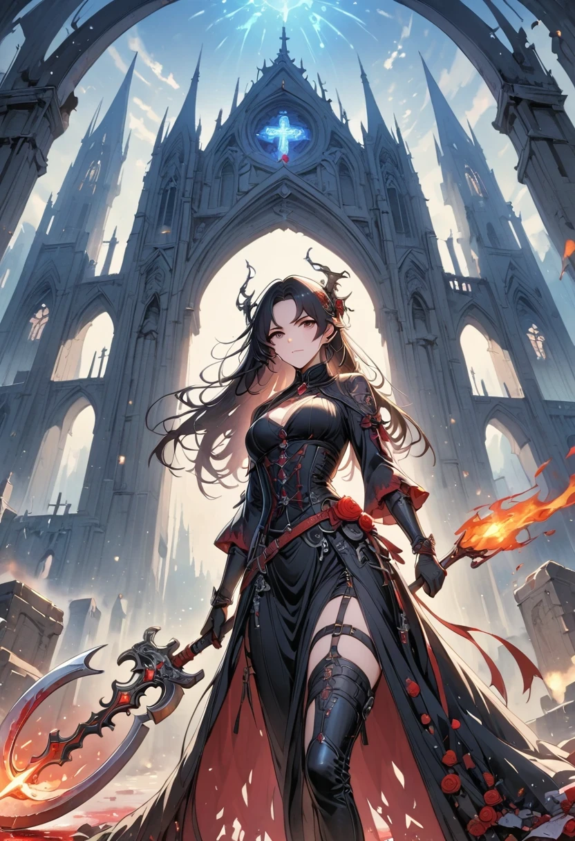 (Messenger from hell:1.4),(Rose field:1.3),cross,一个巨大的Blood-sucking ghost,sickle,hell,magma,flame,(purple flame:1.3),There is fresh Blood on the ground,Blood pool,dripping Blood,Gothic aesthetics,Rose、castle、cross、Blood、Cemetery,gothic style的神秘、solemn and profound,gothic style,gothic style蕾丝的衣服、Rose symbolizes romance、grave、Blood-sucking ghost、witch、ruins、gothic cathedral,Gothic Symbol Series,Rose Garden