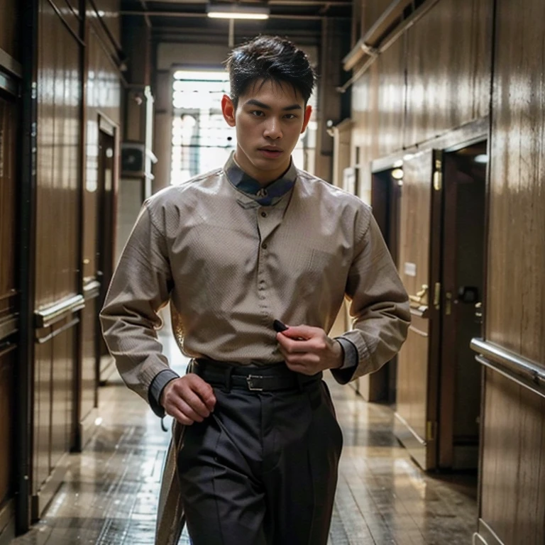 2 handsome Asian guys，27岁policeman，arafed male police 官 in  walking down a hallway, , wearing a police ,  police ,  full outfit: police, , majestic, Handsome Asian muscular guy，Broad shoulders and narrow waist，2 handsome guys in police uniform，Form-fitting fabric contours the bust，in a remote warehouse，hands tied behind back，Hands tied behind the back，hands tied behind back，Masculine and sexy，High，Muscles look good，hairy body，Wheat complexion，black eyes（thin eyes 1：3），whole body image ， 2 handsome boys shooting porn magazine cover , NSFW , sexy , eroticism