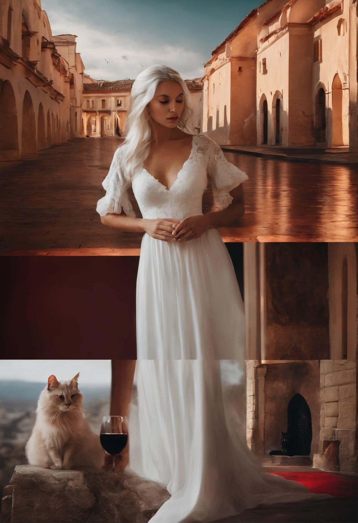 collage technique, architecture, long wall, europe, girl wearing long white dress with long white hair ,without shoes , black cat, red wine , fire , sadness
