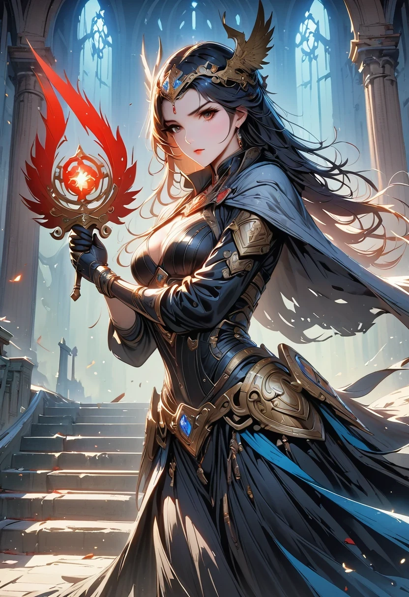 Holy church background,The messenger of hell descended the stairs,Arad woman in black dress,Gray cloak covers face,Bronze spiked armor,Majestic and mysterious,with a feeling,Holding a crimson sickle on the stairs,dark fantasy style art, Abaddon and Magallet Villeneuve, The blade reflects a strong red light,Backside light source,rim light,3 rendering,Unreal Engine,Render by Octane,8K resolution,masterpiece。Ultra-high detail,Award-winning