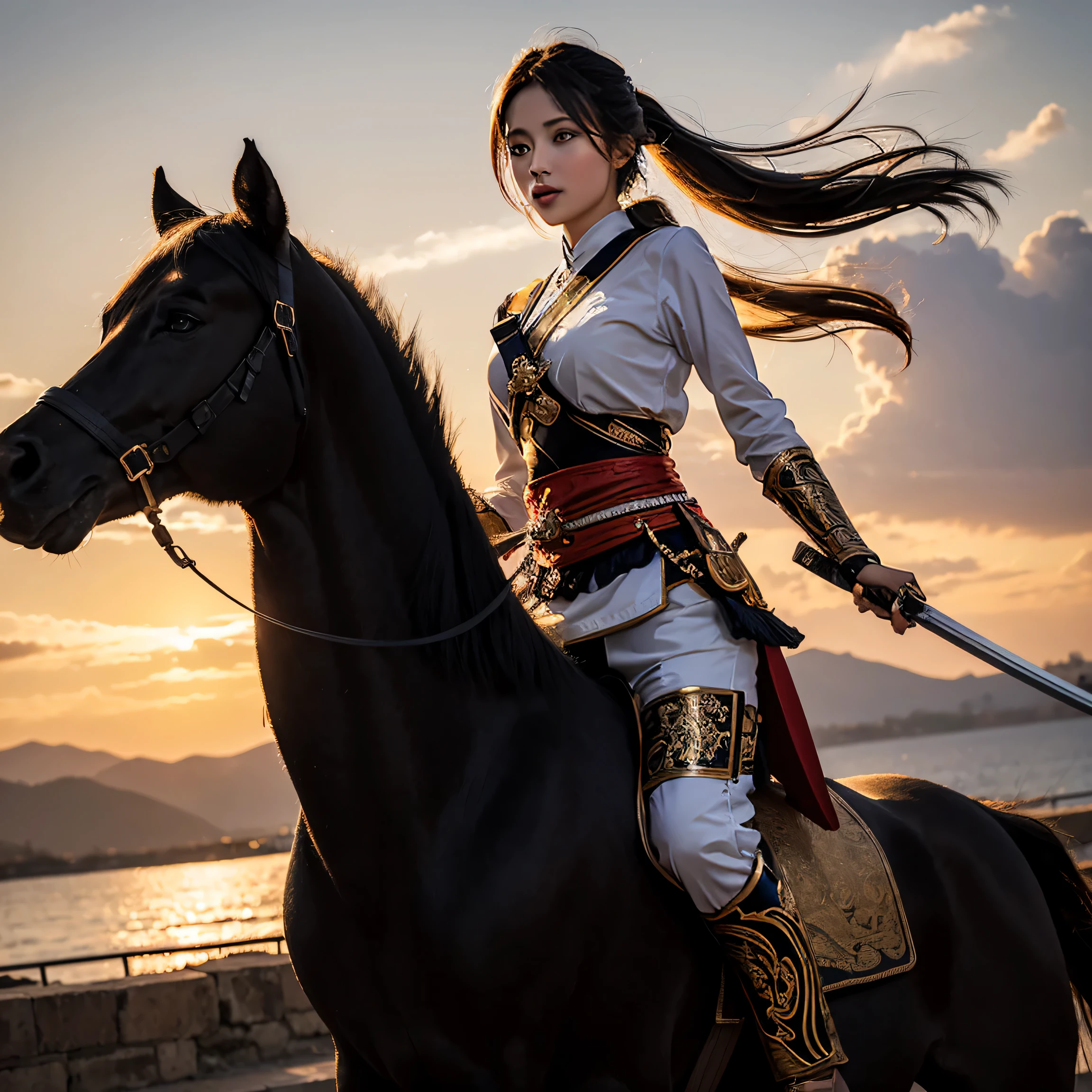 full body, beautiful woman of half Thai-Indian descent, 23 years old, sharp eyes, full body image, color photo, female soldier with a figure of 36-25-38, tall and slender, riding a black horse, a proportionate female warrior. , clear eyesight , There was a fierce look in her eyes., dynamic gestures, holding a samurai sword, warrior spirit, High quality images, Emotional depth, intense energy, graceful movement,