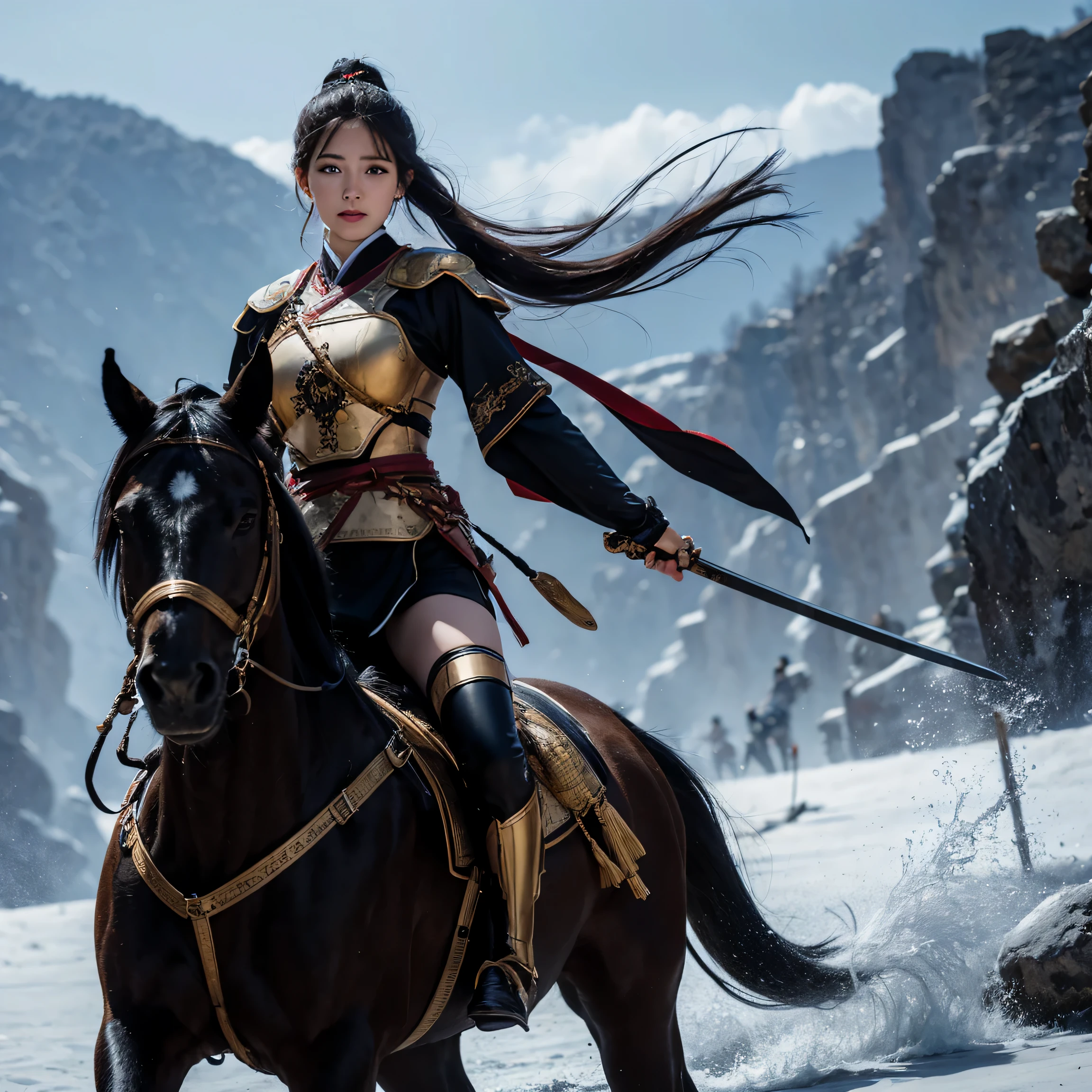 full body, beautiful woman of half Thai-Indian descent, 23 years old, sharp eyes, full body image, color photo, female soldier with a figure of 36-25-38, tall and slender, riding a black horse, a proportionate female warrior. , clear eyesight , There was a fierce look in her eyes., dynamic gestures, holding a samurai sword, warrior spirit, High quality images, Emotional depth, intense energy, graceful movement,