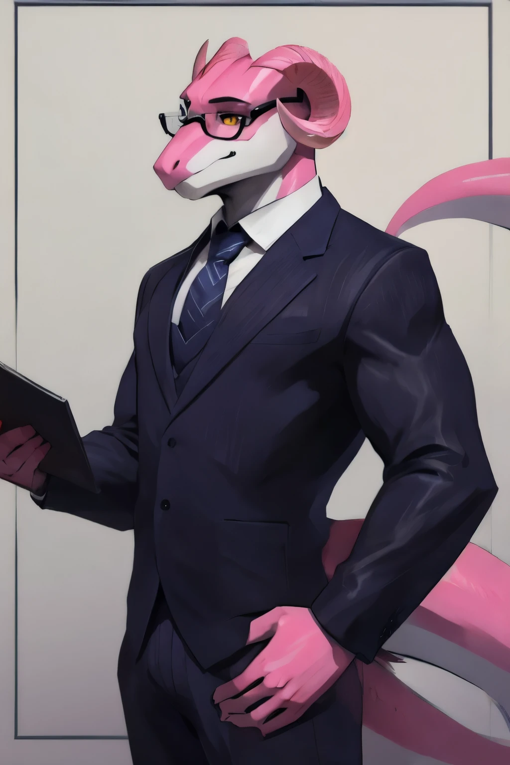 <lora:falnailv2:0.7> (highly detailed:1.2) male, dragon, formal, suit, 1boy, solo, male focus, furry, necktie, glasses, furry male, horns, black-framed eyewear, pinstripe pattern, upper body, striped, yellow eyes, shirt, black suit, collared shirt, black necktie, tail, long sleeves, white shirt, pink body, yellow eyes, bara, muscular