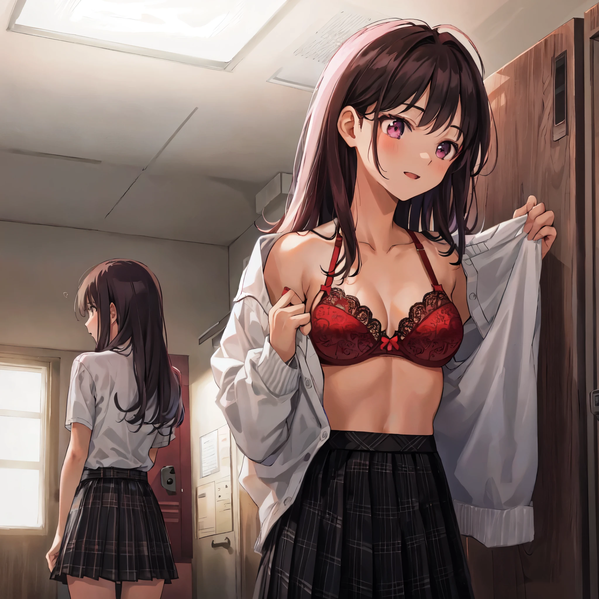 {{{Reverse Shot}}},happy,Changing clothes,taking off his shirt,{{high quality red bra:1.2}},black pleated skirt,School locker room,brown medium long hair,{{look far away}},{masterpiece,best quality,illustration},17 years old,beautiful medium size breasts 1:4,16 years old,{{beautiful baby pink eye1:4}},high school girl