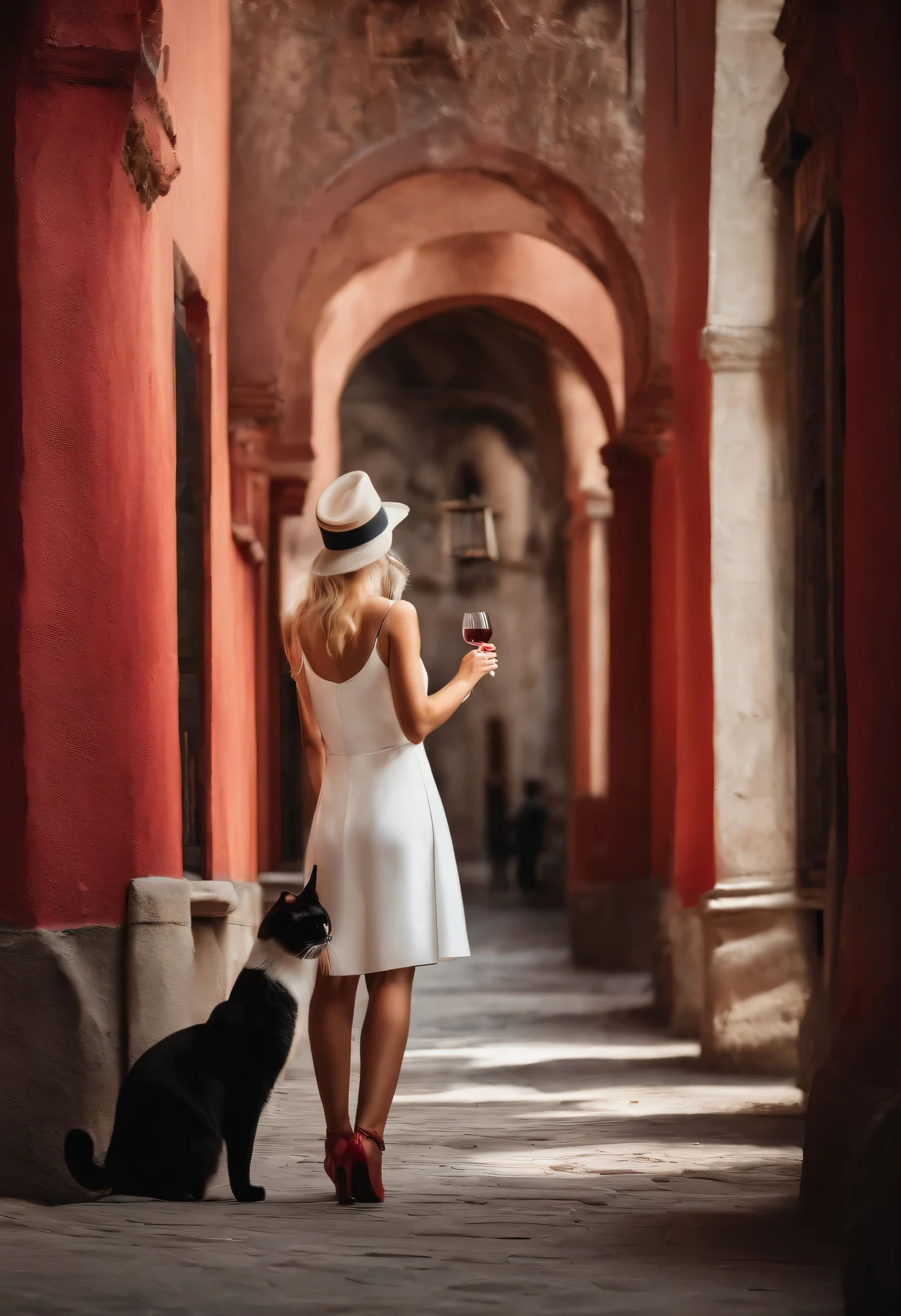 collage technique, architecture, long wall, europe, girl wearing white, black cat, red wine , fire