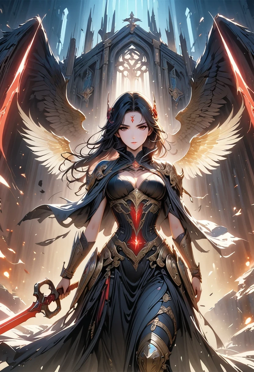 Holy church background,The messenger of hell descended the stairs,Arad woman in black dress,Gray cloak covers face,Bronze spiked armor,Majestic and mysterious,with a feeling,Holding a crimson sickle on the stairs,dark fantasy style art, Abaddon and Magallet Villeneuve, The blade reflects a strong red light,Backside light source,rim light,3 rendering,Unreal Engine,Render by Octane,8K resolution,masterpiece。Ultra-high detail,Award-winning