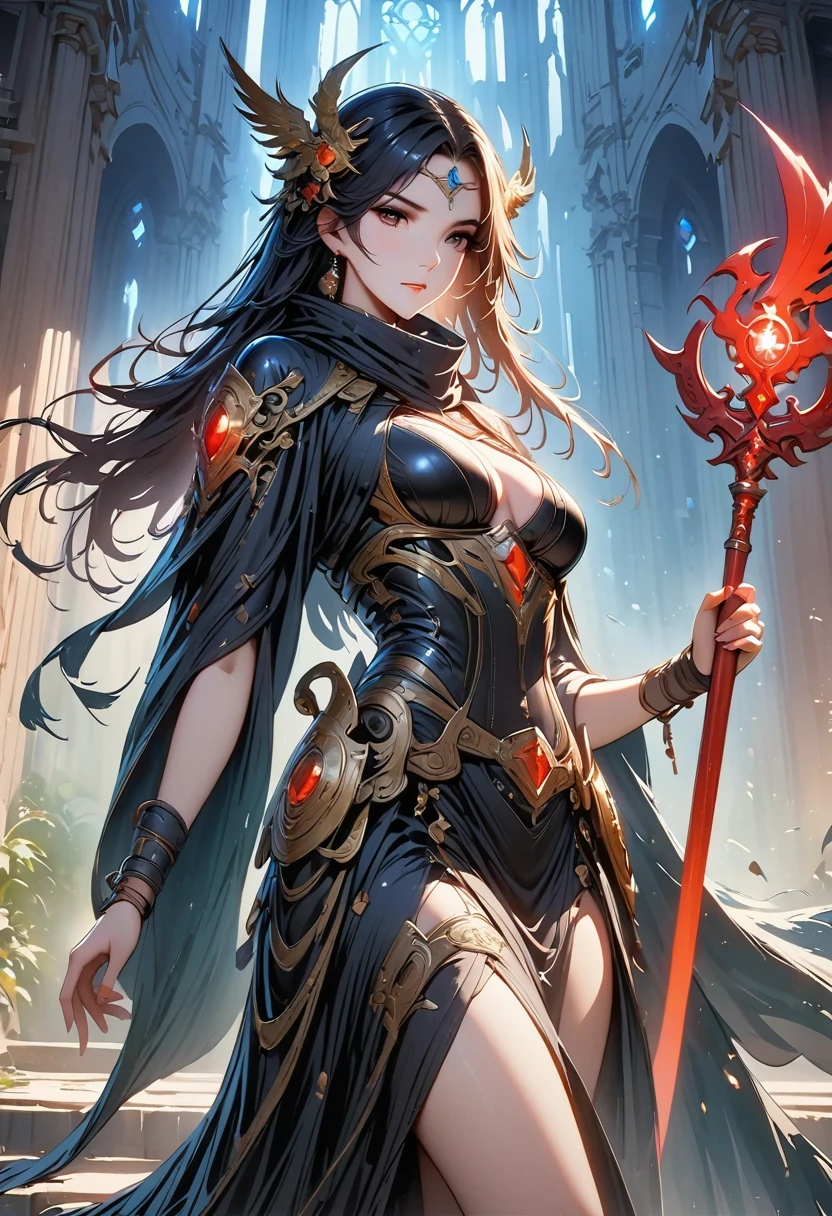 Holy church background，The messenger of hell descended the stairs，Arad woman in black dress，Gray cloak covers face，Bronze spiked armor，Majestic and mysterious，with a feeling，Holding a crimson sickle on the stairs，dark fantasy style art, Abaddon and Magallet Villeneuve, The blade reflects a strong red light，Backside light source，rim light，3 rendering，Unreal Engine，Render by Octane，8K resolution，masterpiece。Ultra-high detail，Award-winning