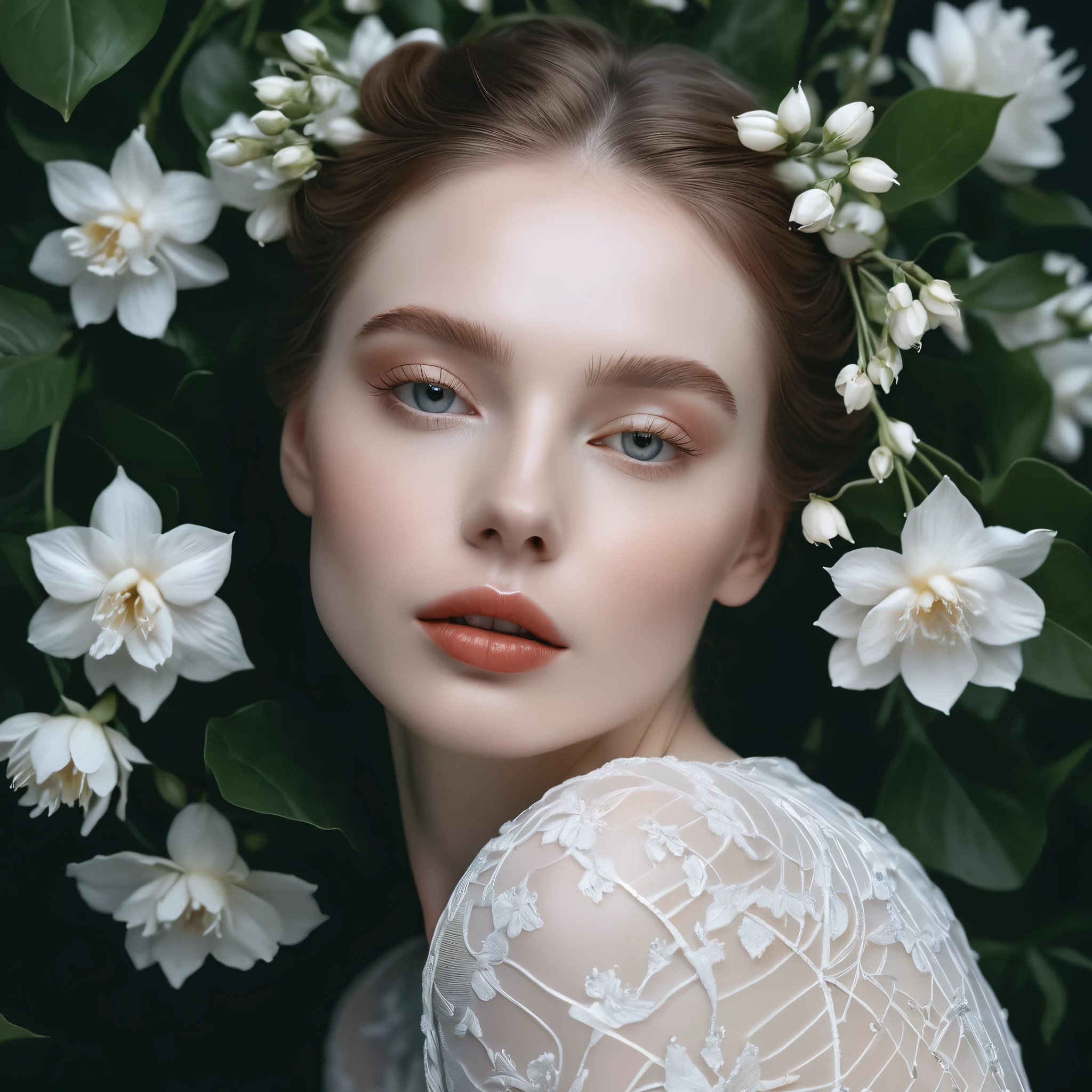 a close up of a woman with flowers in her hair, porcelain pale skin, soft portrait shot 8 k, by irakli nadar, ethereal beauty, soft flawless pale skin, detailed beauty portrait, natural soft pale skin, floeers in hair, high quality portrait, beautiful portrait image, ivory pale skin, aesthetic portrait, beautiful delicate face, porcelain white skinhoto taken at eye level,DSLR,canon EOS RS,ultra quality,sharp focus,tack sharp, depth of field (dof). Film grain,crystal clear,8k UHD, highly detailed, facial features, high detailed background. Art supplies. very good quality photography
 photorealistic cats. perfect photo clear.Perfect composition,very good quality photography, photorealistic photo. Very detailed face: eyes , eyebrows,nosem,lips. Beauty. Realistic flowers.Rich color background. Perfect composition.
