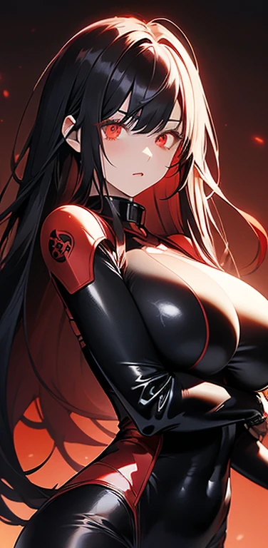 Realistic、1girl、(black hair red hair gradient hair:1.3)、(long hair),red eyes、(glowing eyes:1.3)、open stance,(middle hair),(breast focus:1.3,upper body),(enamel body suit:1.3
)、(clear face:1.3),cute face,(tareme:1.3),(huge breasts:1.3),(dark color background:1.5)
