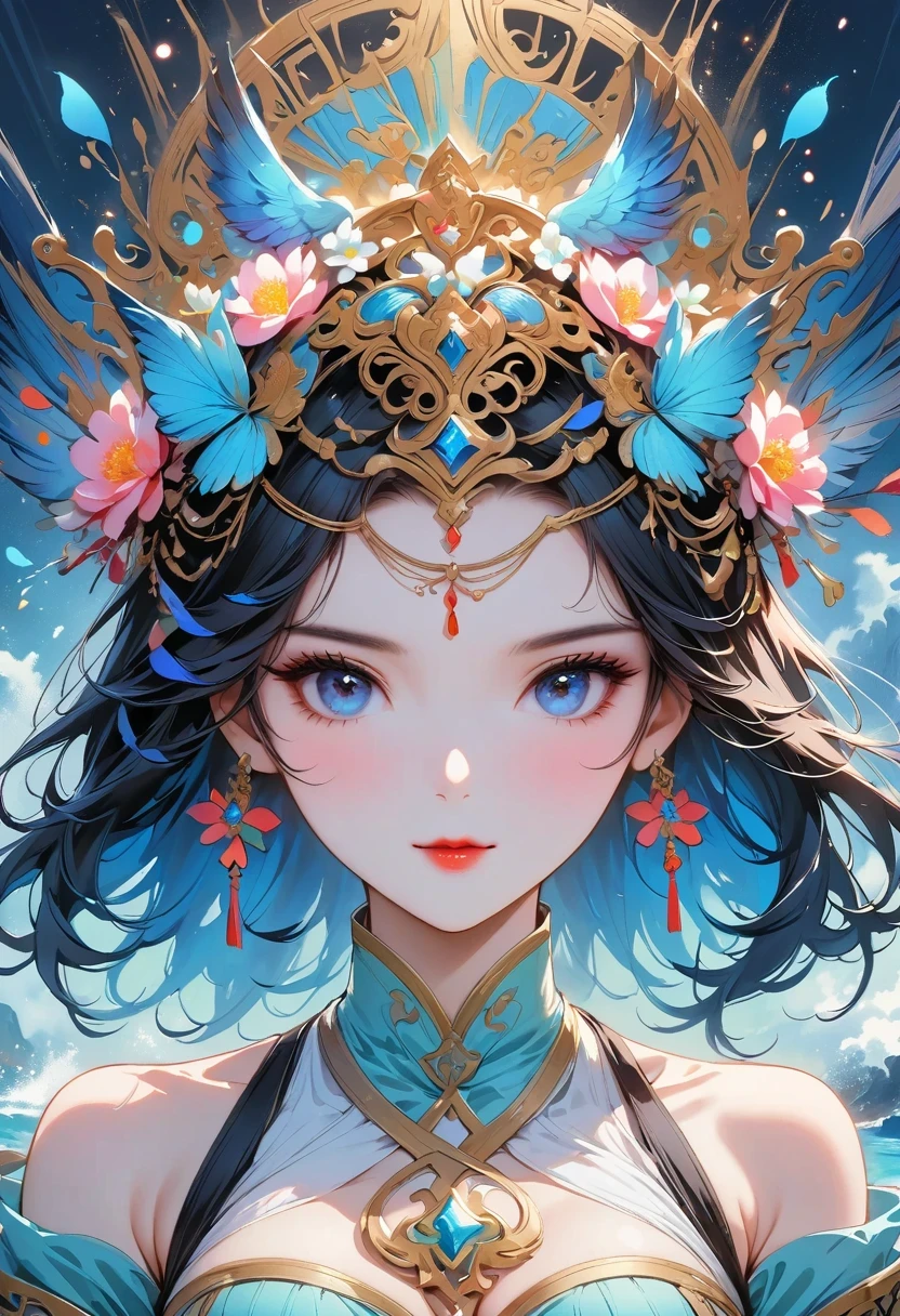（（best quality））， （（masterpiece））， （（realist））， portrait，1 girl，whole body portrait， celestial body， god， 女god， light particles， halo， look into the audience&#39;s eyes， bare shoulders， thoracic duct parietal lobe， poker face，（bioluminescence：0.9 girls 5）ocean， bioluminescence， Energetic， rich and colorful，，，，， color， （bioluminescence， bioluminescence），（beautiful composition）， movie lights， in wheels， （Symmetrical：0.5 girls）， whimsical，