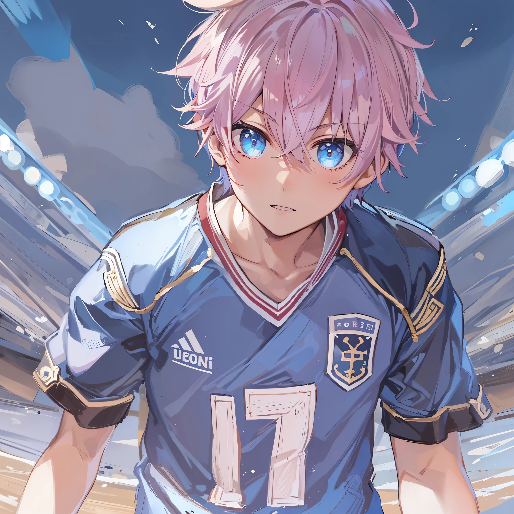 (1boy, masculino),(atacante),uniforme de futebol, aquamarine eyes, Campo de futebol, astolfo fate short hair